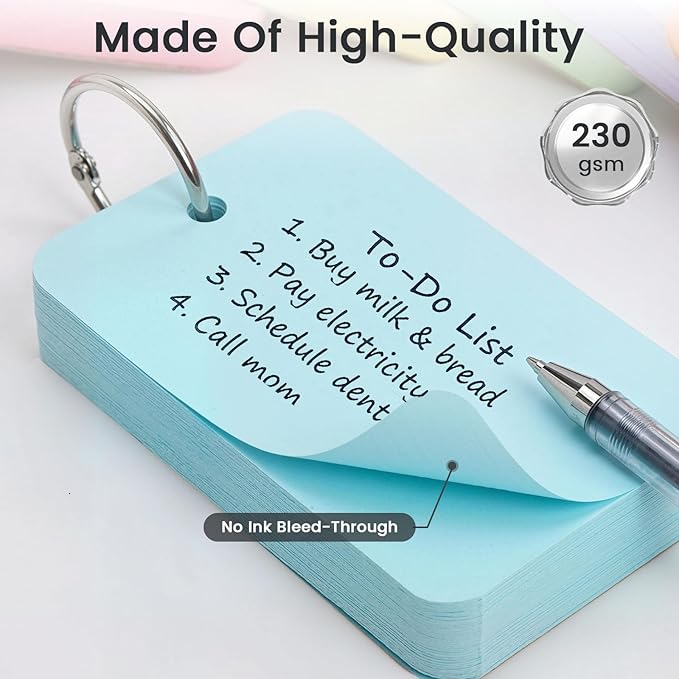 Koogel 1500PCS Flash Cards for Studying with Metal Rings, 2.2 x 3.5 Inch, Colored Index Cards Bulk, Portable Small Notecard Memo Scratch Pads for Students,Teachers, Office Home School, 7 Colors
