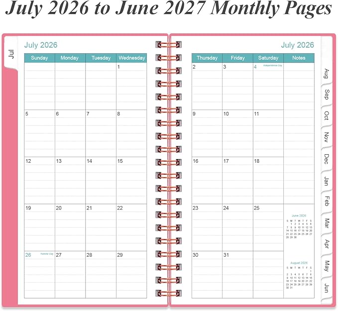 2026-2027 Pocket Planner/Calendar - 2026 Planner from July 2026 - June 2027, Planner 2026-2027 with 12 Tabs, Twin-Wire Binding, Inner Pocket, 3.75" x 6.75, Pink