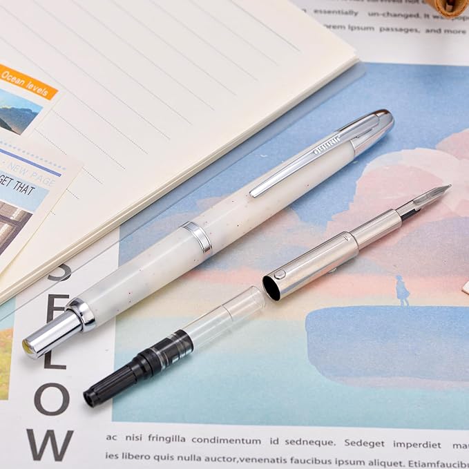 Jinhao 20 Press Fountain Pen, Snow White Retractable Fine Nib with Ink Converter Set (Silver Clip)