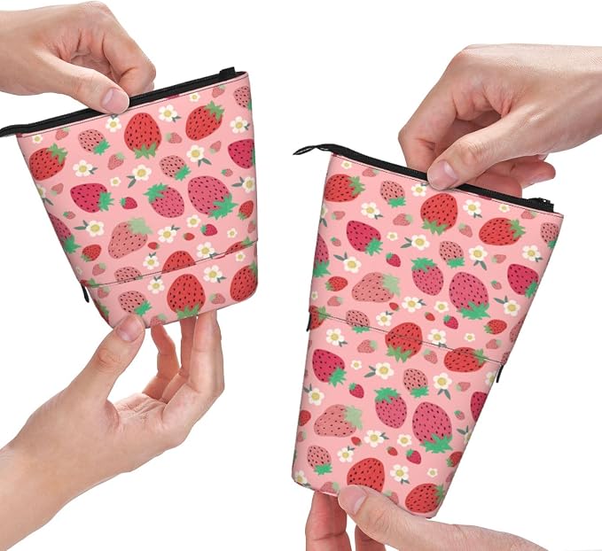 Strawberry Kids Standing Pencil Case Girls Boys Telescopic Stationary Pouch with Zipper Large Capacity Stand up Pen Bag Portable Makeup Holder for Children School Students Office Supplies