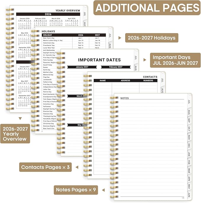 Academic Planner 2026-2027, Weekly and Monthly Calendar Planner Book, July 2026 – June 2027, Hardcover Organizer with Tabs, Perfect for Teachers, Students, Women & Men, A5 (6.4" x 8.5") - Beige