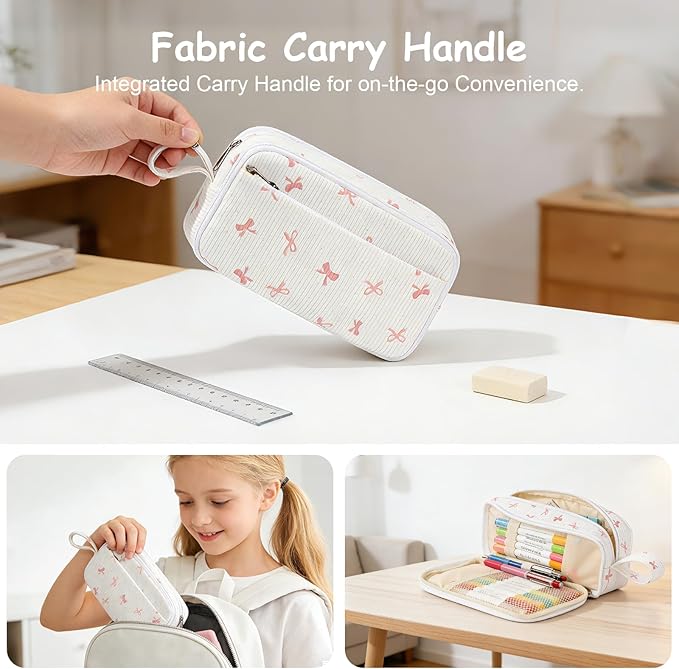 BuyCard Large Capacity Cute Pencil Case, Aesthetic Pen Pouch, White with Pink Bow Pattern Pencil Bag, Kawaii Stationery Storage and Organizer, Supplies for Teen and Adult Girls