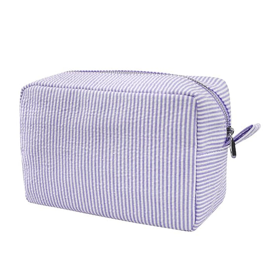 GFU Cosmetic Bags for Women, Seersucker Cosmetic Bag, Travel Toiletry Stripe Makeup Bag, Large Women Aesthetic Organizer Storage Pouch, Girls Handbags Purses,Purple