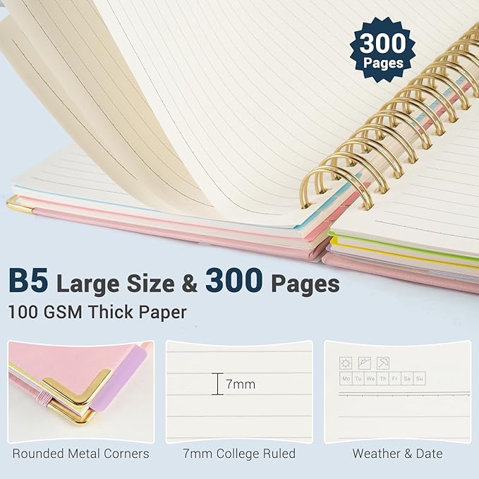 Hardcover Spiral Journal Notebook, 300 Pages 5 Subject Notebook College Ruled with Removable Dividers Tabs, 8" x 10" Notebooks for Work, Spiral Ruled Lined Writing Journal Hardcover Leather Notebook for School (Dark blue marble, 8''x 10'')
