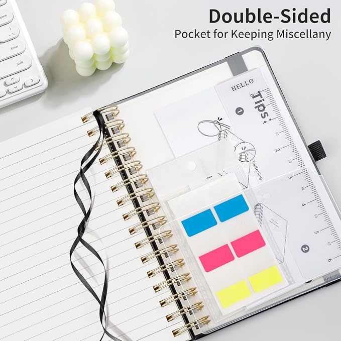 EMSHOI A5 Spiral Notebook College Ruled, Thick 300 Numbered Pages 100GSM Ink-Proof Paper, Faux Leather Hardcover Lay-Flat Lined Journal for Work Office School Writing, 5.7"x8.22", Black