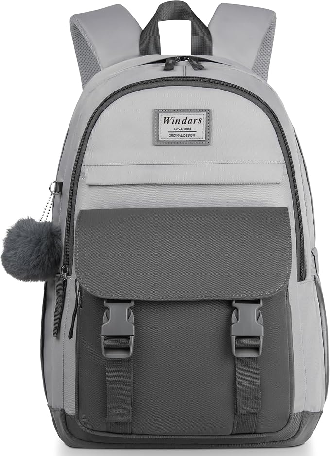 WINDARS School Backpack for Teen Girls, Cute College Backpacks for Women Students Aesthetic Bookbag Large 15.6 Inch Laptop Bag Middle School Travel Back Pack (Dark Grey & Light Grey)