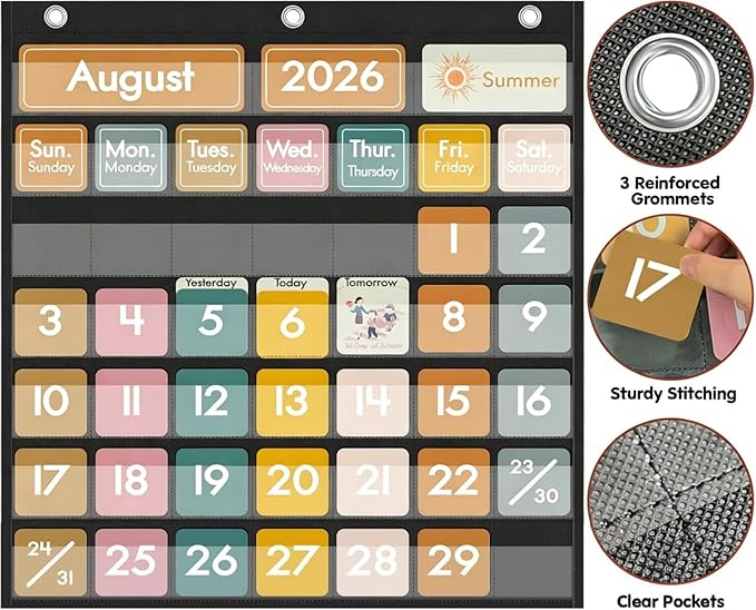45 Pockets Classroom Calendar for Kids Learning, Pocket Chart Calendar Decor with Special Educational Cards, Teacher and Classroom Must Have Supplies, Boho
