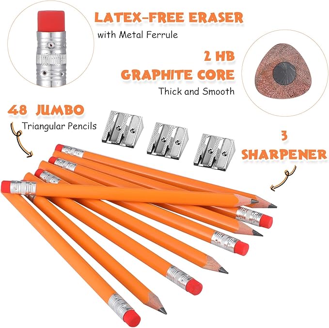 Fainne 48 Pcs Fat Pencils Jumbo Big Thick Large Pencils and 3 Pieces Sharpeners for Kids Beginners Preschoolers Kindergarten School Office Supplies(Orange+Silver,Triangle)
