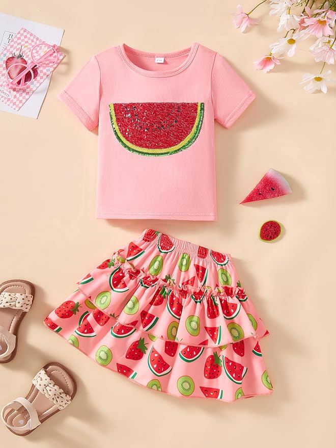 Little Girls Skirt Set - 2 Piece Short Sleeve Top Shirred Tiered Skirt Outfit Girls Spring Summer Clothes 3-8 Years