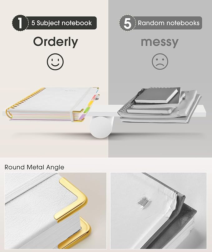 Hardcover Spiral Notebook Journal with Removable Dividers Tabs, 300 Pages Leather 5 Subject Notebook College Ruled, 8"x10" Large B5 Notebooks for Work School Note taking, Lined Journal for Women, White