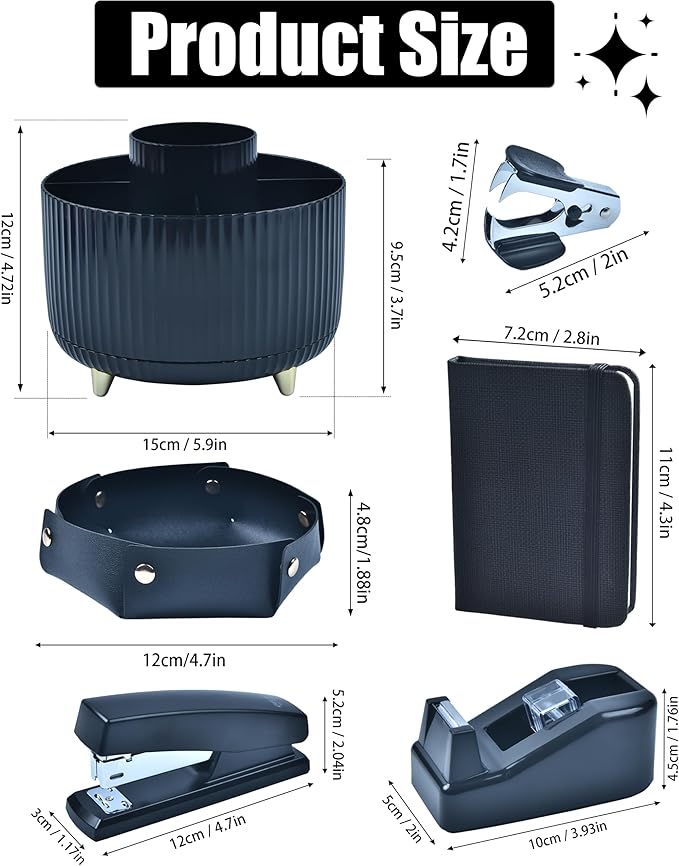 Black Desk Accessories, Office Supplies 360°Pen Holder Desk Organizers, With Tape Dispenser, Stapler, Staple Remover, Ect, Elevate Your Workspace With Sleek Black Sophistication, Back to School