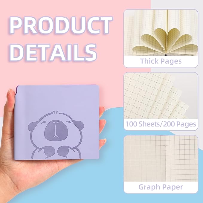 BOBO RABBIT 3 Pack Mini Grid Notebooks Pocket Size Graph Paper Journal Total 600 Pages Steno Pads Memo Notebook Small Softcover Leather Cartoon Capybara Pattern Cute Journal for Writing Sketching Drawing Lay Flat, 3.9"x3.9" Inner(Mini Square)
