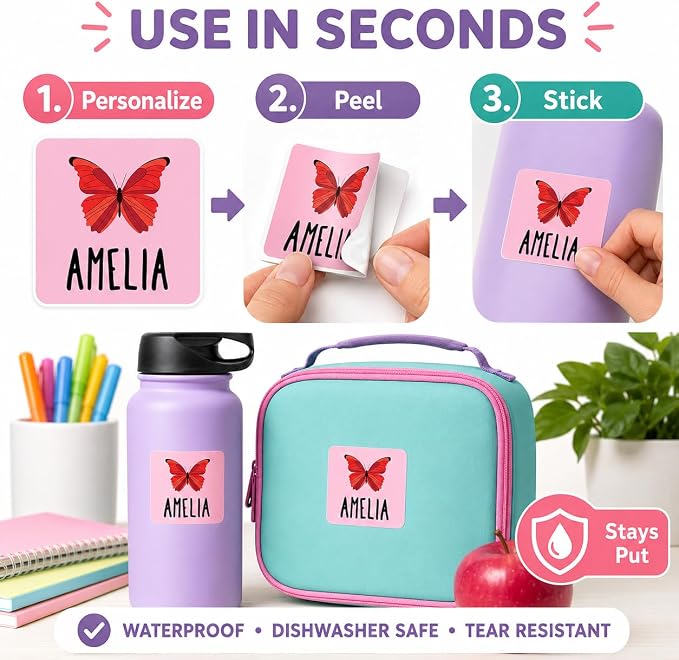 Andaz Press Custom Personalized Waterproof School Name Labels, Butterflies, 120-Pack, Kids Labels Combo Pack, Customizable Multi-Use Name Stickers for Preschool, Daycare, Back to School Supplies
