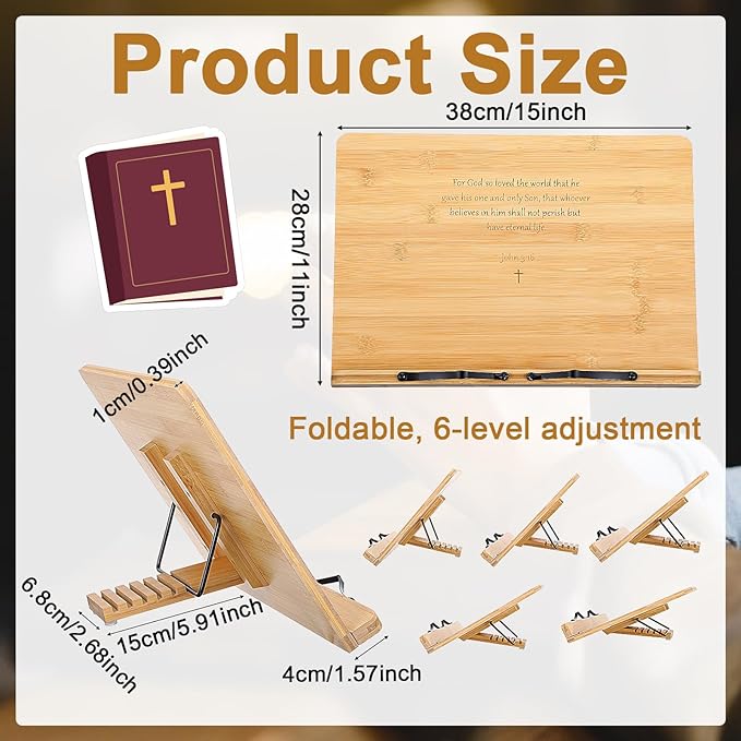 Large Bamboo Book Stand for Reading Hands-Free, Adjustable Height & Angle Bible Stand, Portable Foldable Holder for Textbooks, Cookbooks, Tablets, and More (15.4 x 11 Inches)