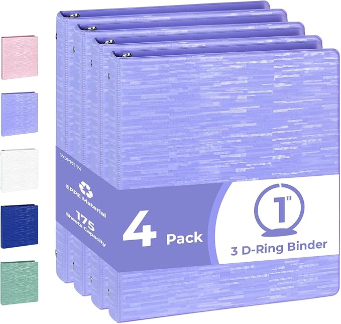 POPRUN 3 Ring Binder 1 Inch, PVC-Free, Holds 175 Sheets of 8.5 x 11 Paper, Extra Durable Organizer with 2 Pockets for School & Office, Heavy-Duty, 4 Pack, Cornflower Purple
