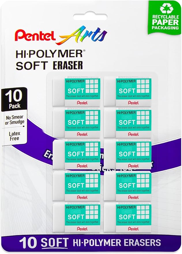 Pentel Clean Eraser, No Mess- No Residue, Hi-Polymer Soft Erasers for Pencils - White - 10 Pack - for Art, Office, and School use (10)