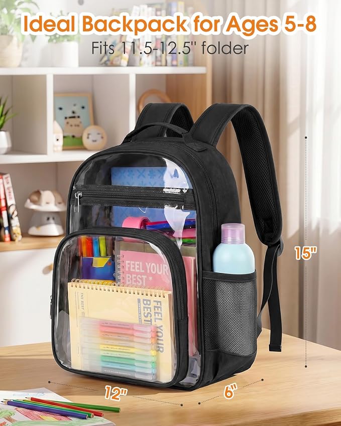 Soimeat Clear Backpack for Girls Boys - Kids Clear Bookbag - Fabric & PVC Transparent Backpacks for Elementary School, Black
