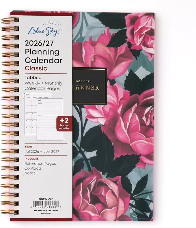Blue Sky 2026-2027 Weekly and Monthly Academic Year Planner Calendar, July 2026 - June 2027, 5" x 8", Flexible Cover, Wirebound, Laminated Tabs, Roosevelt Pink