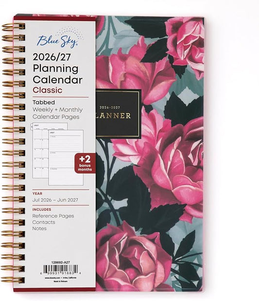 Blue Sky 2026-2027 Weekly and Monthly Academic Year Planner Calendar, July 2026 - June 2027, 5" x 8", Flexible Cover, Wirebound, Laminated Tabs, Roosevelt Pink