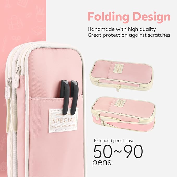 PUPTILY Pencil Case, Large Capacity Aesthetic Pencil Cases with Durable Zipper, Big Stationery Pencil Pouch for Women & Men, Adults Portable Storage Organizer Bag for College, office, Travel (Pink)