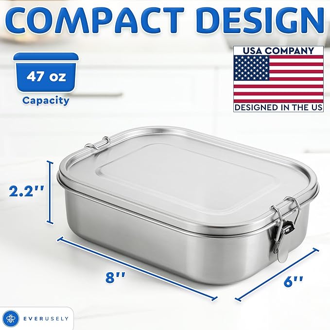 Everusely - Stainless Steel Lunch Box - 47 oz / 1.4 L, 2 Adjustable Dividers - Leakproof Snack and Salad Bento Containers for Adults - Food Storage Boxes with Lids for Work, Picnics, Travel