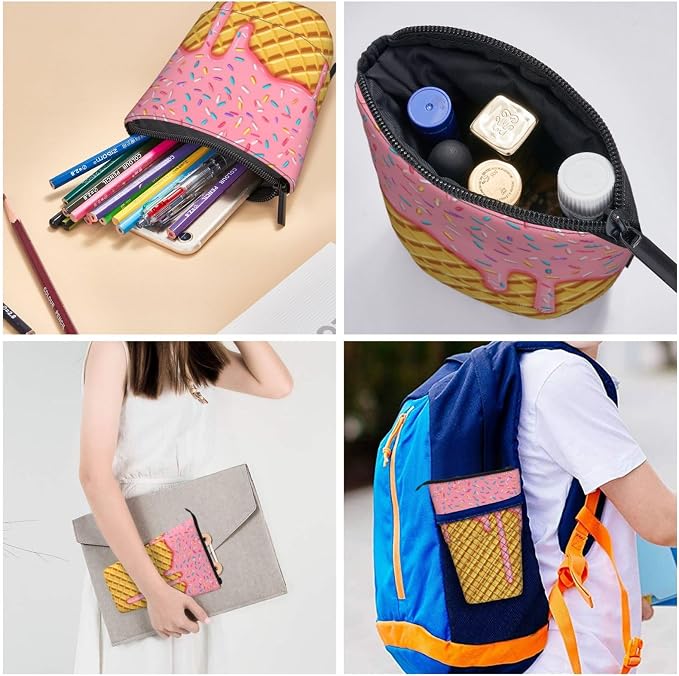 Ice Cream Kids Standing Pencil Case Girls Boys Telescopic Stationary Pouch with Zipper Large Capacity Stand up Pen Bag Portable Makeup Holder for Children School Students Office Supplies