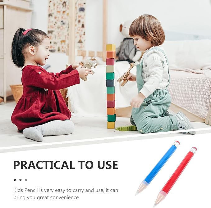 2pcs Large Wooden Writing Pencils, Jumbo Fat School Pencils for Preschoolers, Non-toxic Colored Wood, Blue and Red, Back to School Craft Supplies