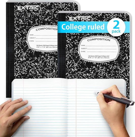 EXTRIC Composition Notebook College Ruled – 2Pack College Ruled Notebooks for School, 200 Pages (100 Sheets) No Bleed Composition Book Black Marble 9.75 x 7.5 in