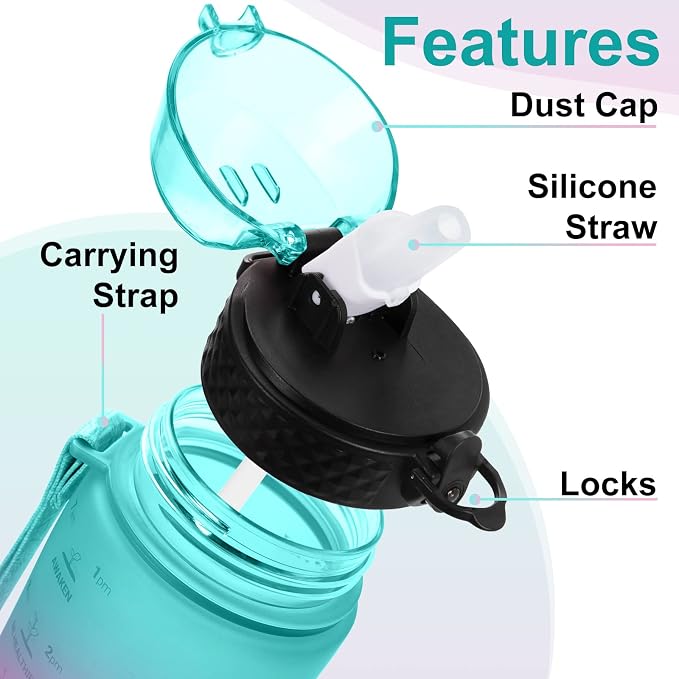 24 OZ Motivational Kids Water Bottle With Time Marker,Leak Proof,Straw Lid, Tritan BPA Free Sports Water Bottle Light green pink(1 Lid)