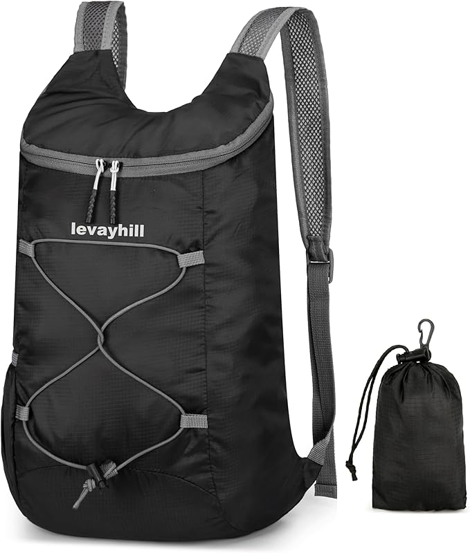 levayhill 16L Lightweight Foldable Hiking-Backpack Small Packable-Daypack For Travel,Ultralight Water-Resistant Gym Bag Men Women Easy Carry-on (Black&Gray)
