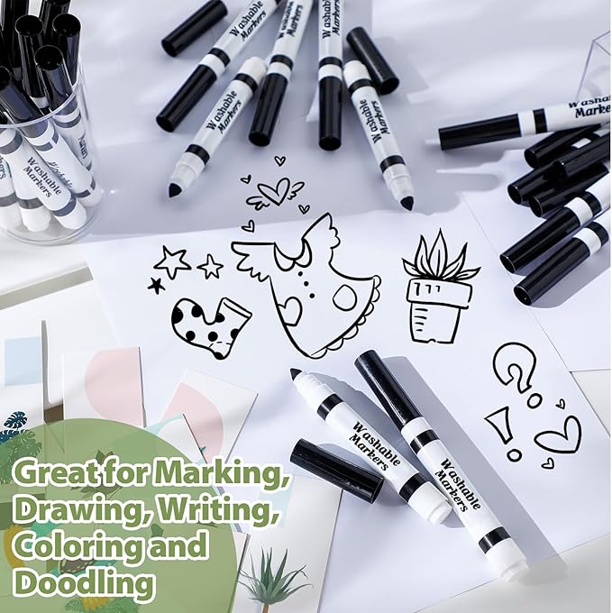 144 Pcs Black Washable Markers Bulk Broad Line Markers Set Classic Broad Tip Washable Drawing Pens for Kids, Teachers, Students, Party Favors, School Supplies, Donations
