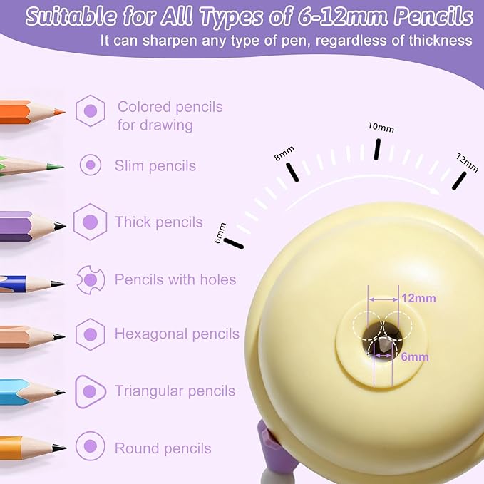 Rechargeable Electric Pencil Sharpener, 6-12mm Auto in & Out Fully Automatic Pencil Sharpener for Kids, Large Capacity Battery Powered, with Cartoon Stickers Ideal for Classroom & Home (Yellow-purple)