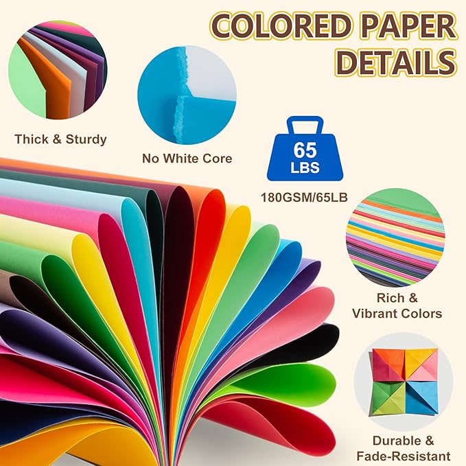 TKOOFN 500 Sheets 8.5" X 11" Colored Cardstock, 20 Assorted Colors Construction Paper Card Stock Printer Paper for Kids School Supplies, DIY Crafts, Card Making, Printing