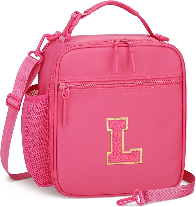 Initial Insulated Lunch Bag for Girls Kids, Back to School Gift, Reusable Leak-proof Lunch Box with Adjustable Strap for School Daycare Travel Picnic (Rosy Red,L)