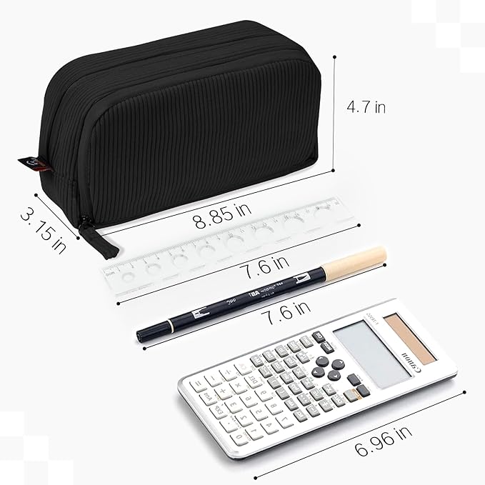 Sooez Big Capacity Pencil Case Pen Pouch, Soft Corduroy Pencil Bag with 3 Compartment, Multiple Pockets, Sturdy Zipper, Cute School Supplies Pen Bag Organizer For Teen Girls College, Black
