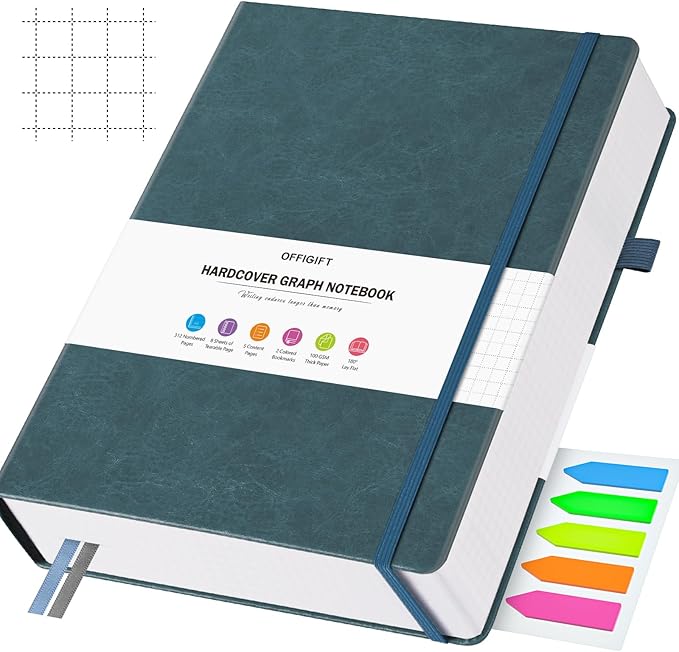 Graph Paper Notebook, 312 Numbered Pages A5 Hardcover Leather Journal, 100gsm No Bleed Grid Paper Notebook with Index Pages, Grid Notebook for Graphing Notes Math, 5.75" x 8.38", Grey Blue