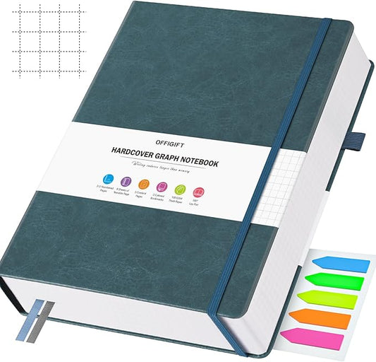 Graph Paper Notebook, 312 Numbered Pages A5 Hardcover Leather Journal, 100gsm No Bleed Grid Paper Notebook with Index Pages, Grid Notebook for Graphing Notes Math, 5.75" x 8.38", Grey Blue