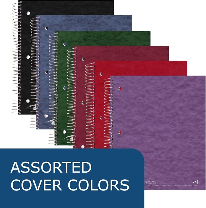 ROARING SPRING 4 Subject Spiral Notebook, 12 Pack, 11" x 9", College Ruled, 200 Perforated Sheets, Assorted Eco Press Covers, 4 Double Storage Pockets, Made in USA