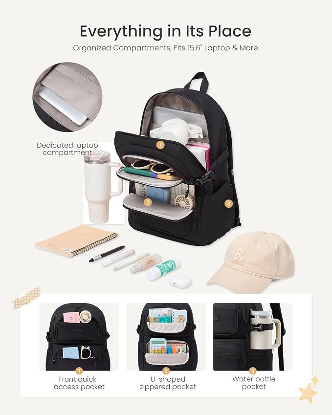 LOVEVOOK School Backpack for Teen Girls & College Students, Large Capacity Laptop Backpack with Water Bottle Holder, Lightweight Bookbag for School, Travel & Everyday Use, Black-White-Brown