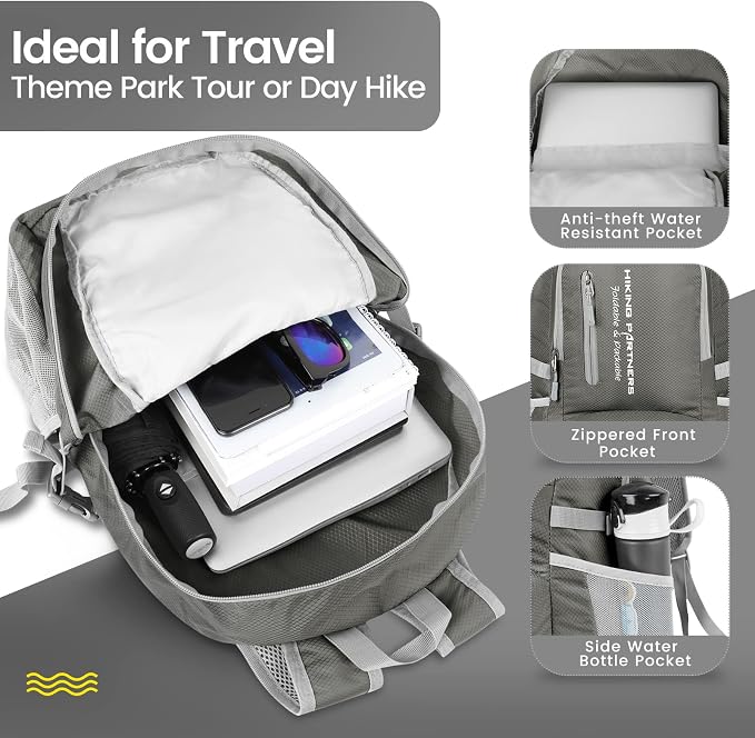 ZOMAKE Lightweight Packable Backpack, Water Resistant Foldable Daypack 35L | Light Hiking Backpacks Collapsible Day Pack for Travel, Everyday Carry, Multi Compartment Storage, Adjustable Strap (Dimgray)