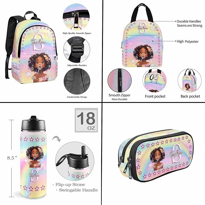 M YESCUSTOM Custom Girls Backpack Lunch Bag Set with Name, Rainbow Personalized Kids Backpack for Girls School Travel Kindergarten Bookbag Pencil Pouch