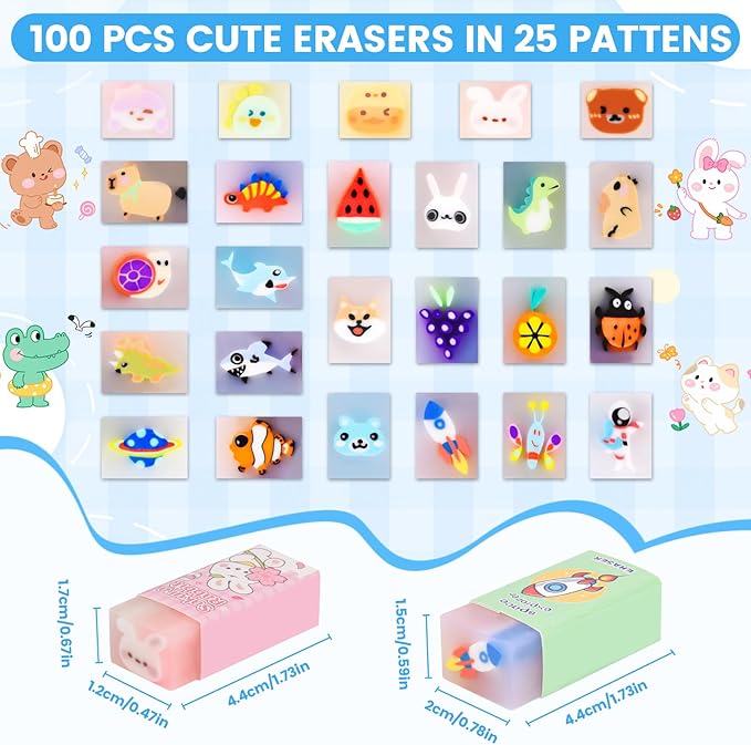 LiYiQ 100-Piece Kawaii Cute Animal Pencil Eraser for Kids, Back to School Supplies, Non-Toxic Rubber, Rectangular