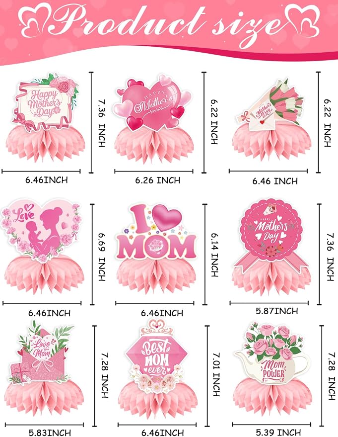 Mothers Day Table Decorations - Mother's Day Decorations Centerpieces for Tables, 9Pcs 3D Best Mom Honeycomb Centerpiece Pink Flower Table Topper for Mother's Party Supplies, Gifts for Mom