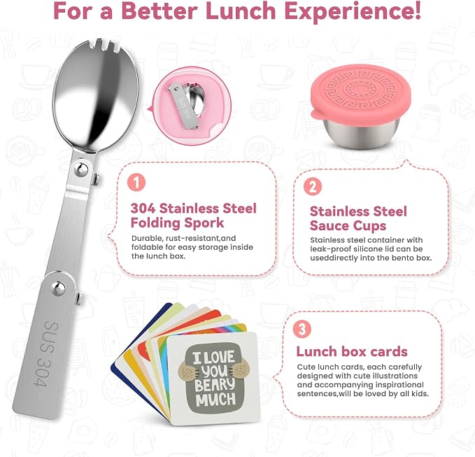 wiwens Kids Bento Lunch Box with Soup Thermo Food Lunch Container for Kid | 4 Compartment Leak-Proof Kids Lunch Box,9oz Stainless Steel Insulated Hot Food Jar,for Boys Girls Toddler to School Travel
