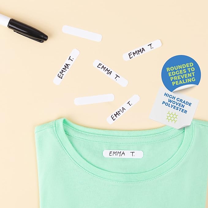 100 pcs Writable Iron on Name Tags for Clothing with Permanent Laundry Marker - Clothing Labels for Nursing Home & Daycare, Custom Fabric Labels for Clothes Washable Precut 2”x0.38”