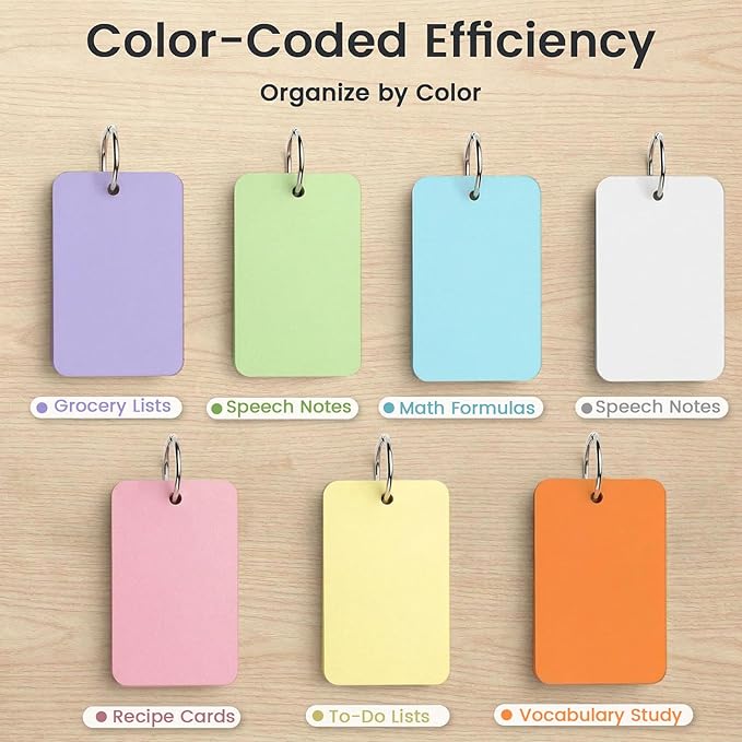 Koogel 1500PCS Flash Cards for Studying with Metal Rings, 2.2 x 3.5 Inch, Colored Index Cards Bulk, Portable Small Notecard Memo Scratch Pads for Students,Teachers, Office Home School, 7 Colors