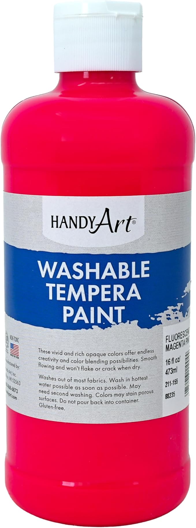 Handy Art Washable Tempera Paint, Fluorescent Magenta, 16 oz Bottle, Bright & Mixable, High Opacity, Glows UV Neon with Blacklight, Students, Kids, Young Artists, Safe & Non-Toxic, Made in USA