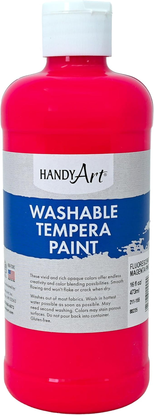 Handy Art Washable Tempera Paint, Fluorescent Magenta, 16 oz Bottle, Bright & Mixable, High Opacity, Glows UV Neon with Blacklight, Students, Kids, Young Artists, Safe & Non-Toxic, Made in USA