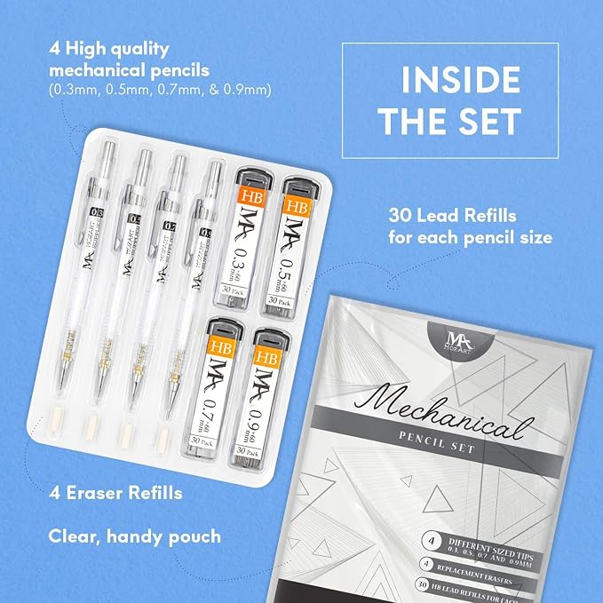 MozArt Mechanical Pencil Set 4 Sizes 0.3 0.5 0.7 0.9mm HB Lead Clear | 30 HB Lead & Eraser Refills – Sketch, Drafting, Art & Drawing for Artists, Students & Architects – Clear Transparent Body