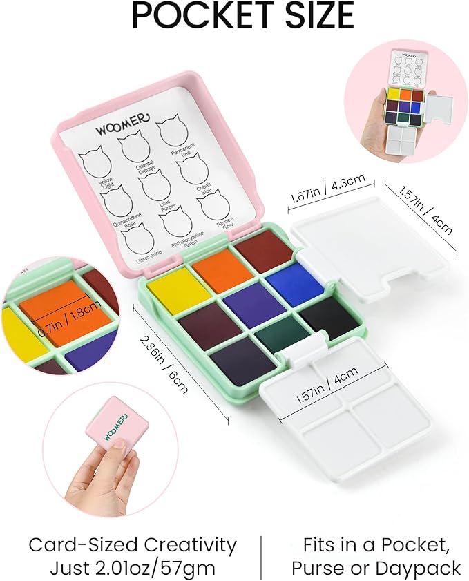Woomer 9 Colors Watercolor Paint Set Pocket Perfect Travel Watercolor Set with 2 Foldable Watercolor Palettes for Beginner, Artists, Amateur Hobbyists and Painting Lovers